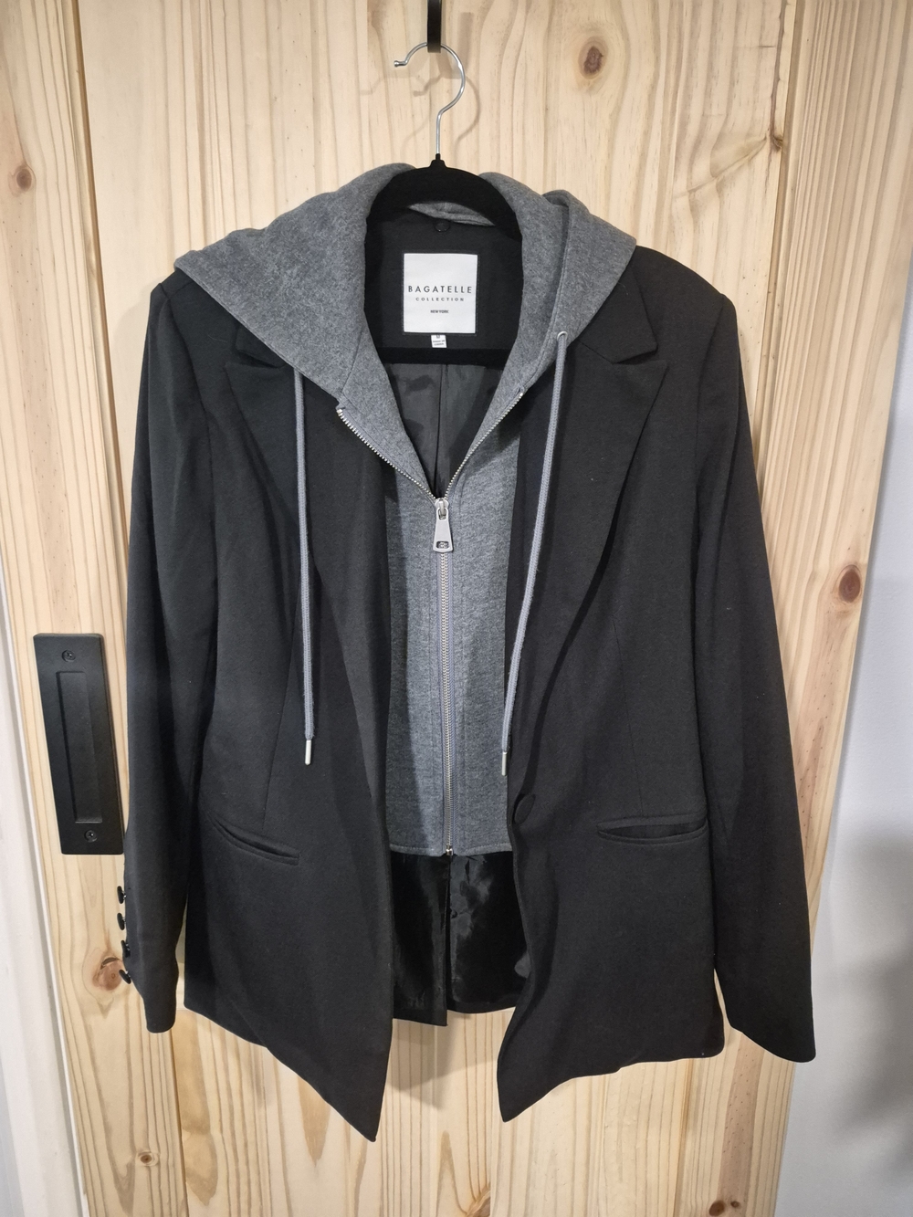 Bagatelle Black Blazer with Gray Hoodie Layered Jacket